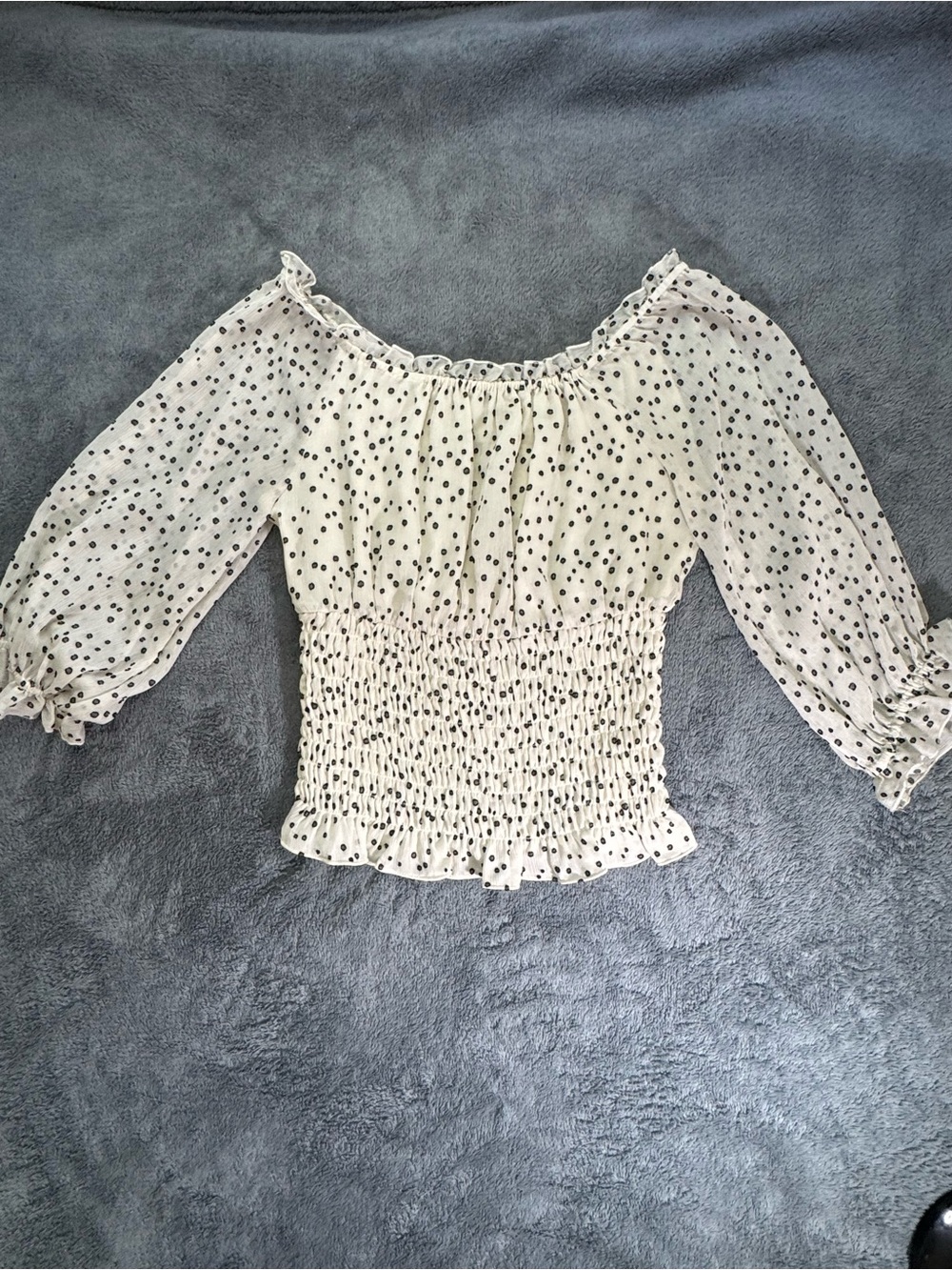 Anthropologie Women’s Cream with Black Dots Smocked Peasant Top XS